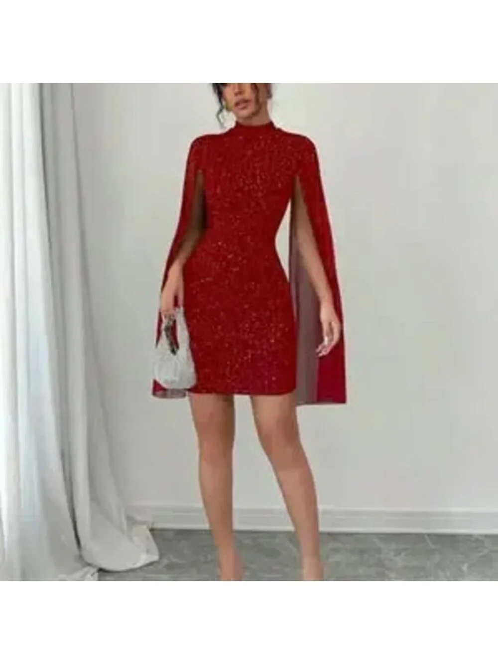 Red Party Women's Fitted Short Casual Mock Neck Flared Sleeve Bodycon Dress - Picture 3 of 5